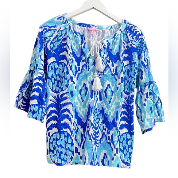 Lilly Pulitzer Tropi Call Me Blue Pineapple Cotton Blend Boho Tunic Top Size S - Picture 2 of 9